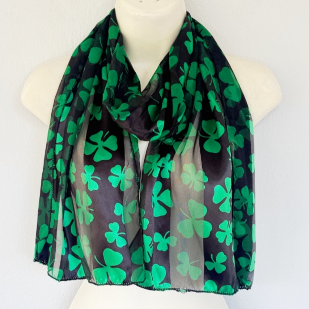 St. Patrick’s Day Shamrock print black green semi-sheer mesh scarf OS
